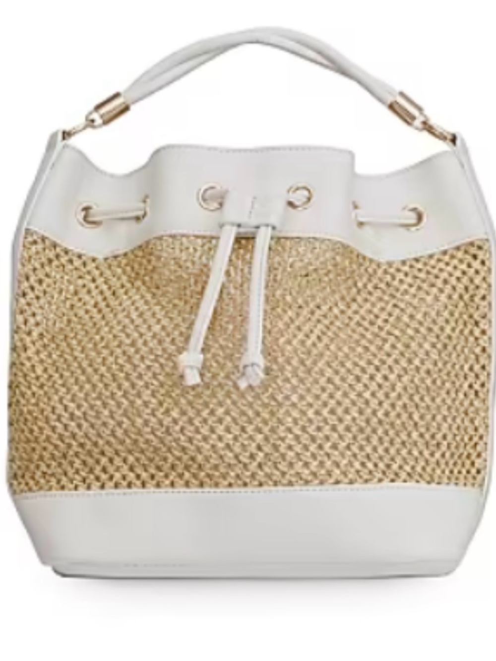 Saks Fifth Avenue White & Natural Straw Drawstring Bucket Bag. New without tag